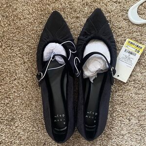 Black Pointed Mary Jane Flats with Strap